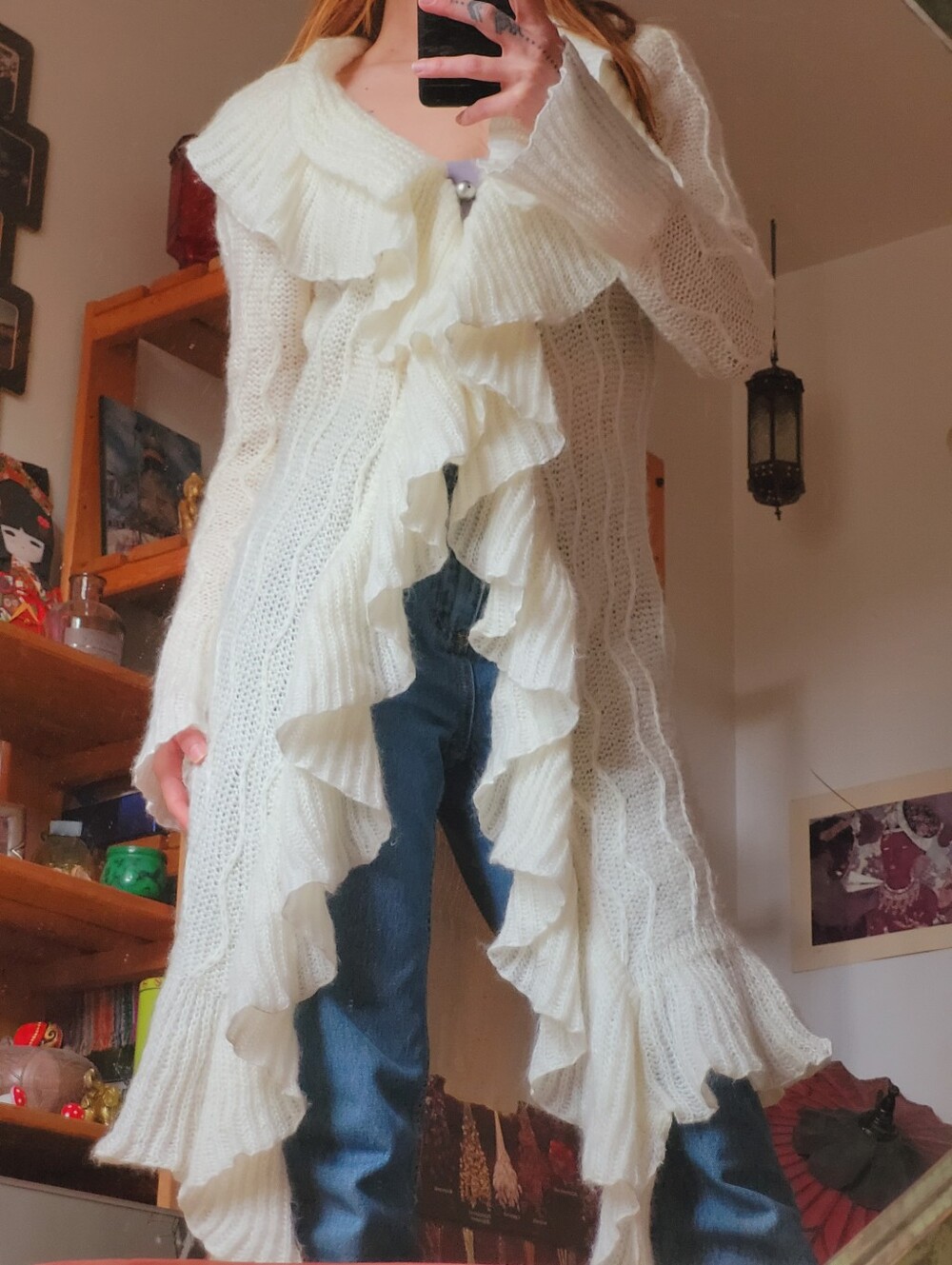 PattyBoutik Cream Ruffled Open-Front Knit Y2k Maxi Cardigan - Size M